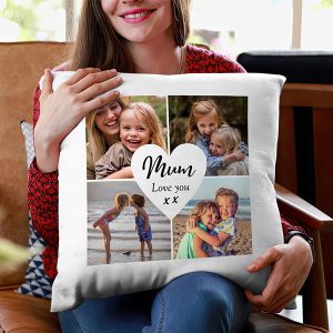 Personalised photo cushion cover with text.