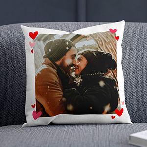 Personalised photo cushion cover with text.